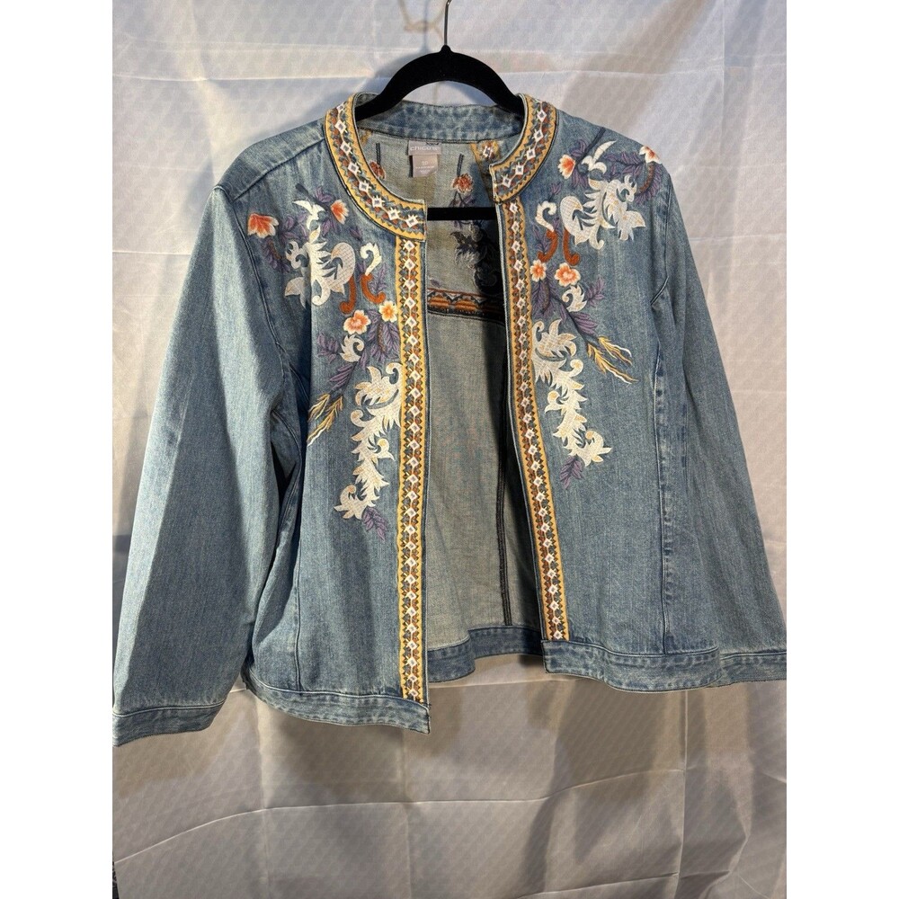 Chico's Embroidered Denim Jacket Open Front Size 3 Petite XL